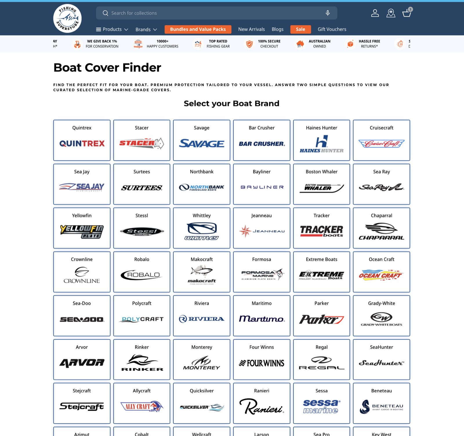 Fishing Superstore Boat Cover Finder, showing the boat-brand selection step in a guided fitment wizard