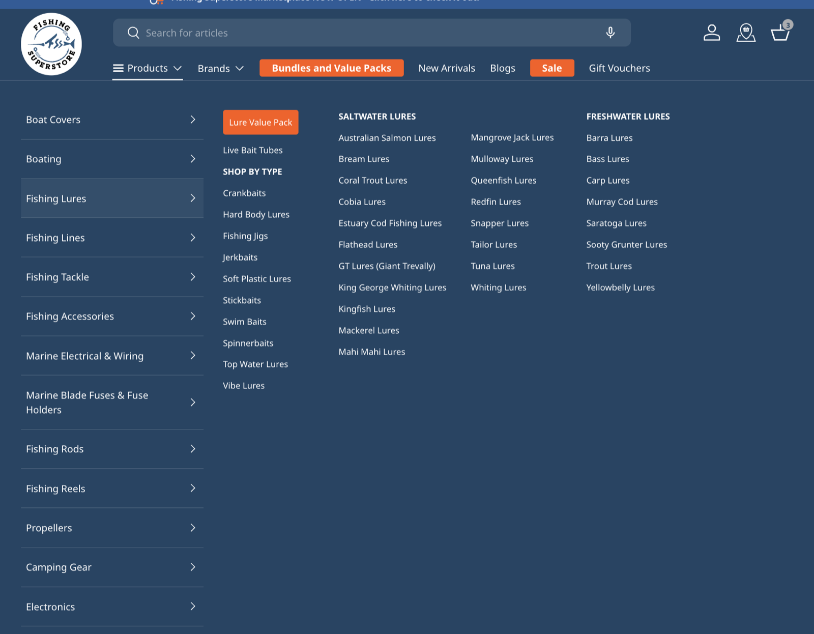 Fishing Superstore mega menu expanded, showing four levels of category navigation across lures and marine gear