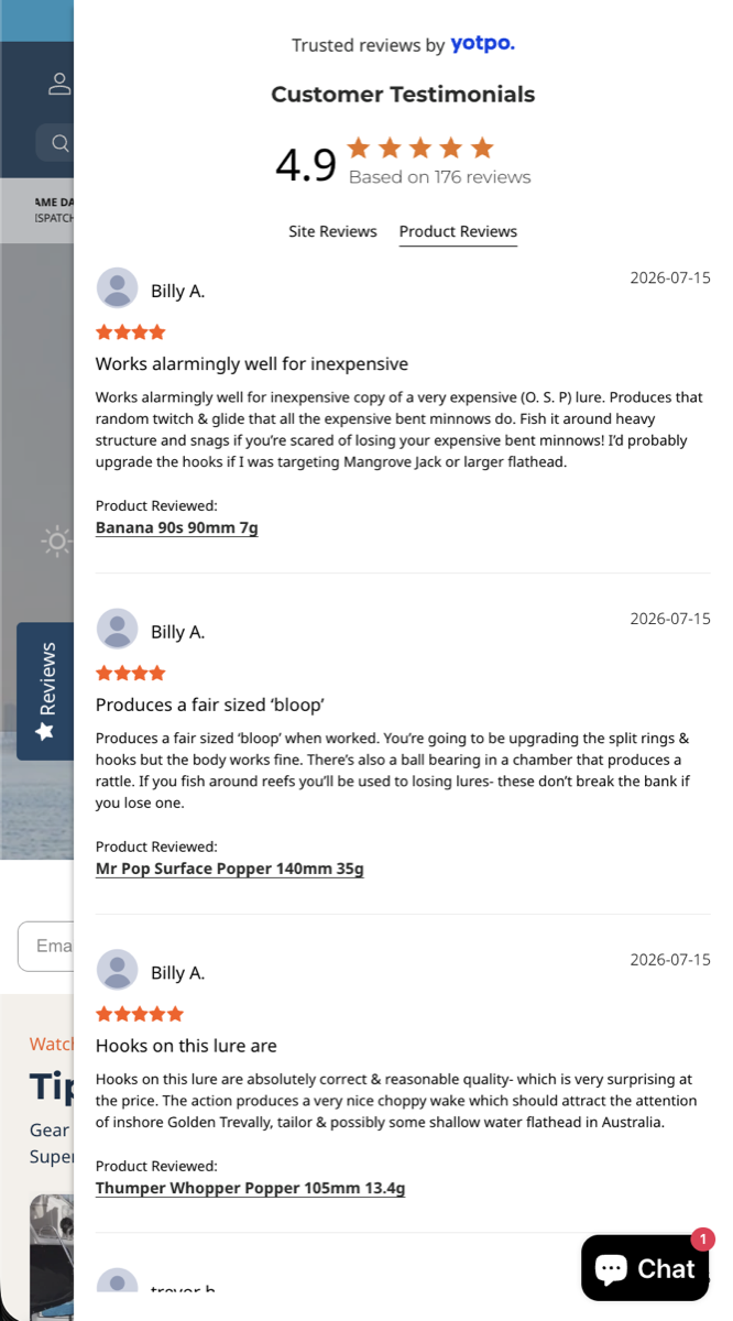 Fishing Superstore mobile review panel, showing a 4.9 star rating from 176 reviews with individual product reviews